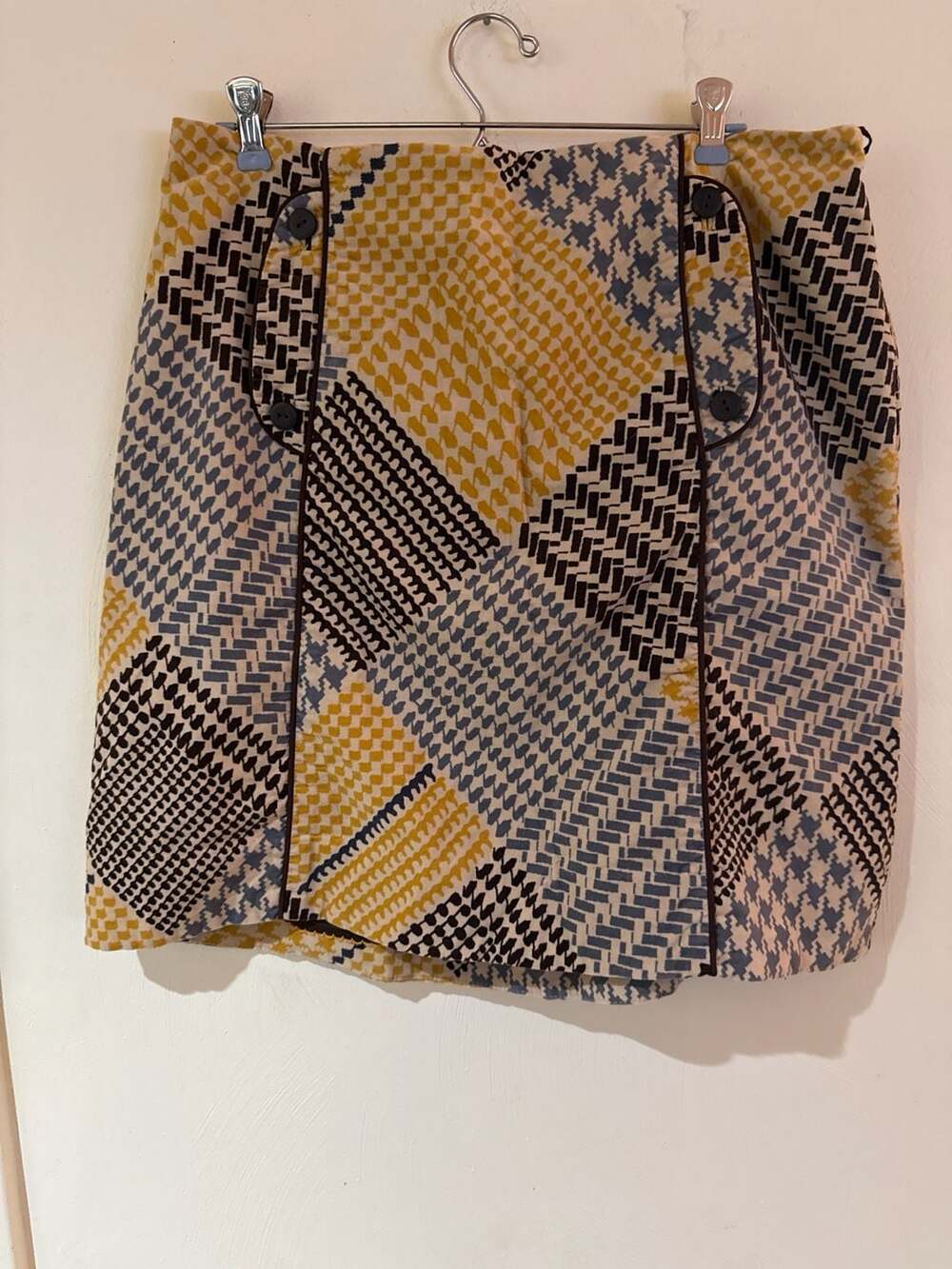 Maeve Anthropologie Patchwork Houndstooth Mini Skirt Size 14 Mustard Blue Brown